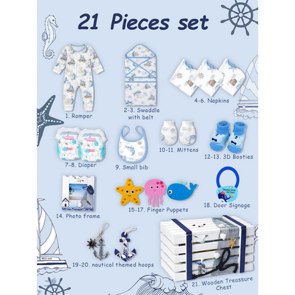 21 pcs Nautical Wooden Treasure Chest Gift hamper for a newborn baby, Giftset for a baby, 0-12 months