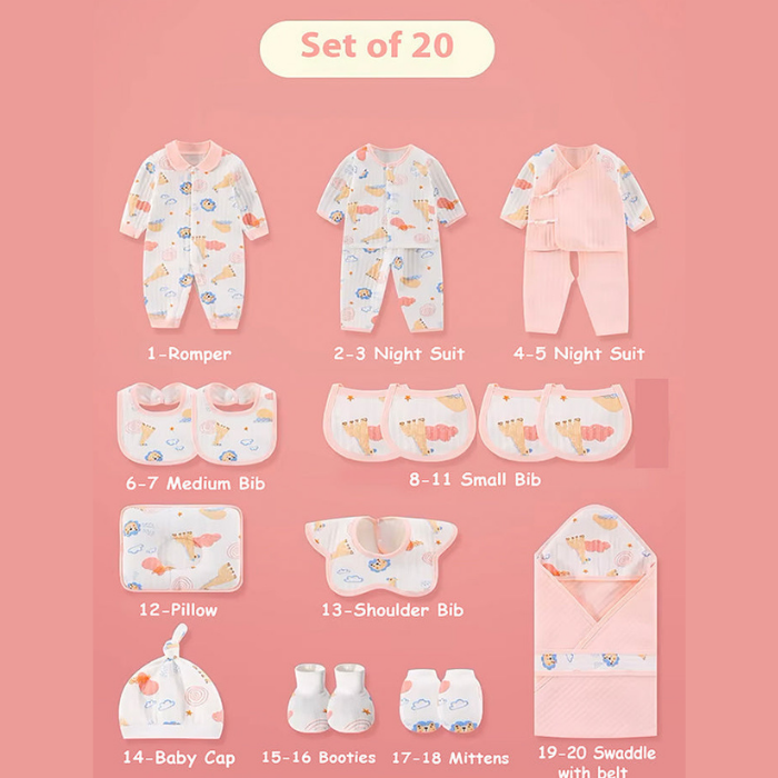 20 pcs Pink Animal Kingdom Newborn Baby Girl/ Boy Gift Box, all season wear Hamper, (0 - 12 months)