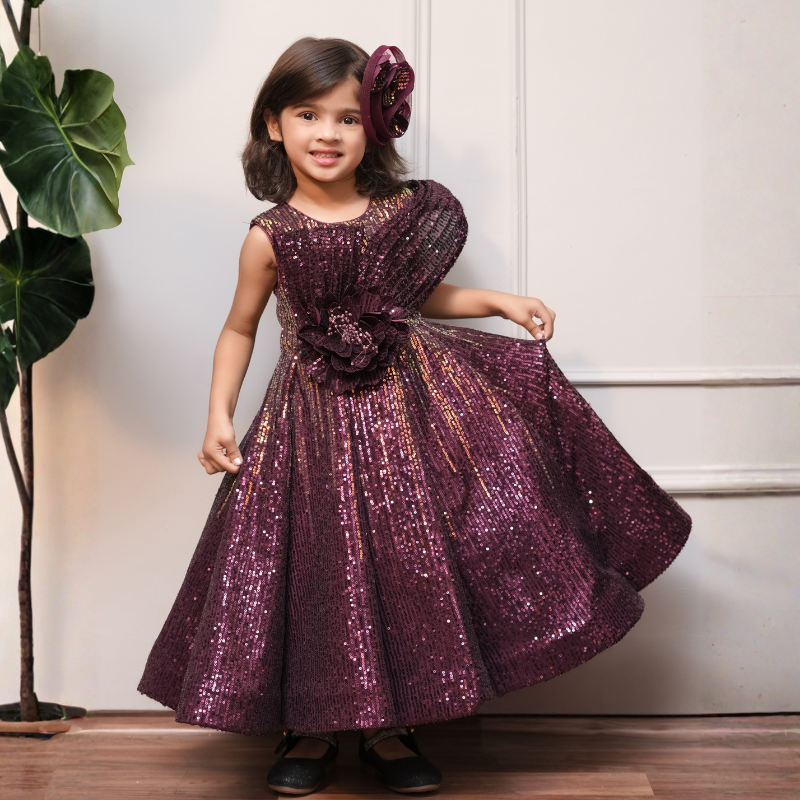 Sequin Flared Gown With Handmade Flower For Enhanced Look