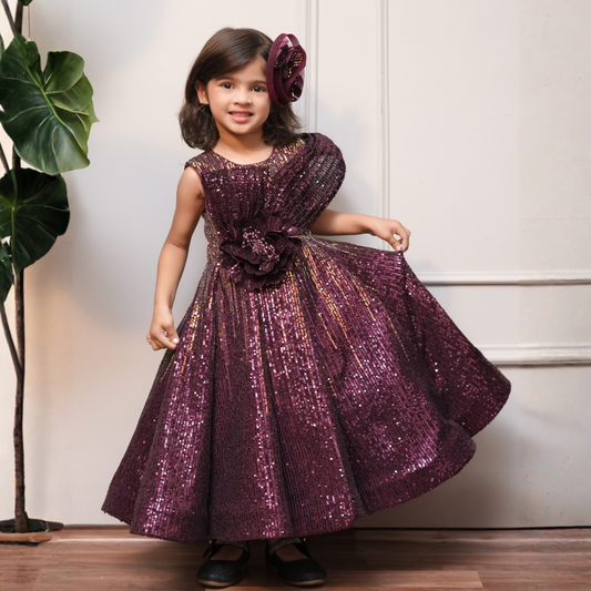 Sequin Flared Gown With Handmade Flower For Enhanced Look