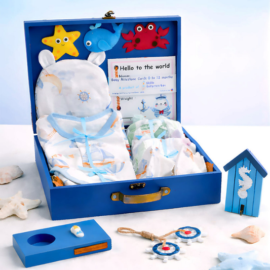 18pcs Nautical Wooden Suitcase Giftbox for a newborn Baby Boy, All season wear Giftset for Baby, 0-6 months