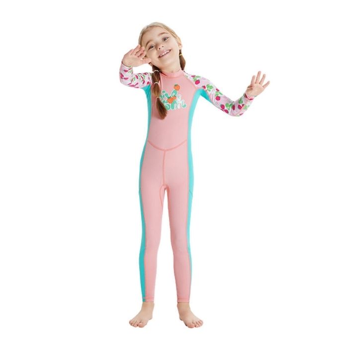 Full Length Dive Baby Pink Strawberry Printed Kids Swimwear In Upf 50+ Fabric with Free Washbag