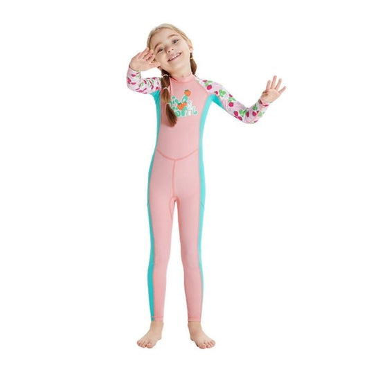 Full Length Dive Baby Pink Strawberry Printed Kids Swimwear In Upf 50+ Fabric with Free Washbag