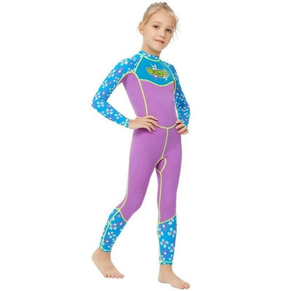 One piece FullLength Kids Swimwear Purple & Blue Floral Print, UPF 50+