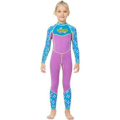 One piece FullLength Kids Swimwear Purple & Blue Floral Print, UPF 50+