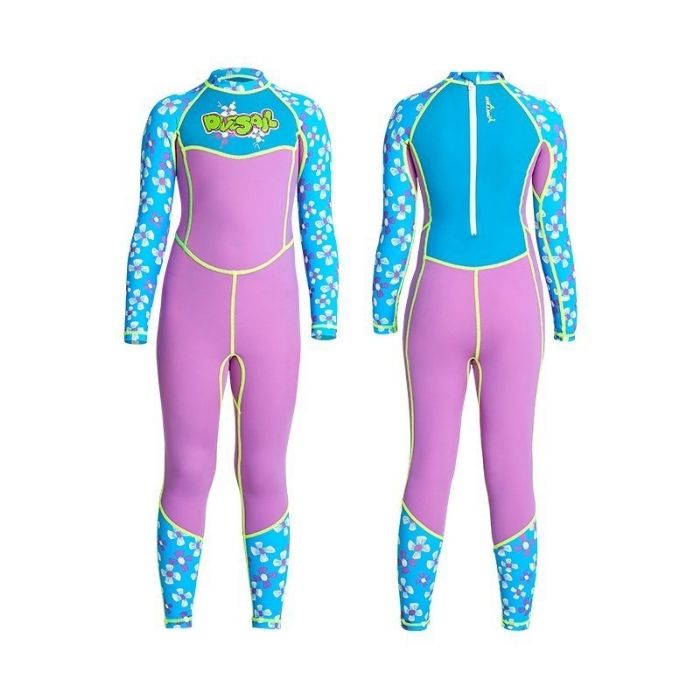 One piece FullLength Kids Swimwear Purple & Blue Floral Print, UPF 50+