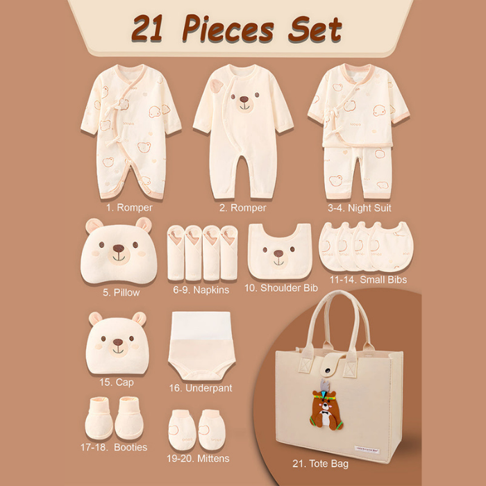 21pcs Woodland Bear Totebag Hamper for Newborn Baby Boy / Baby Girl, Giftset for Baby, All Season wear, 0-12 months