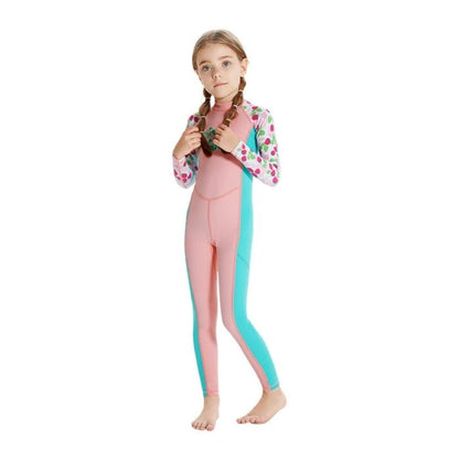 Full Length Dive Baby Pink Strawberry Printed Kids Swimwear In Upf 50+ Fabric with Free Washbag