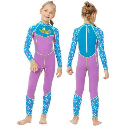 One piece FullLength Kids Swimwear Purple & Blue Floral Print, UPF 50+