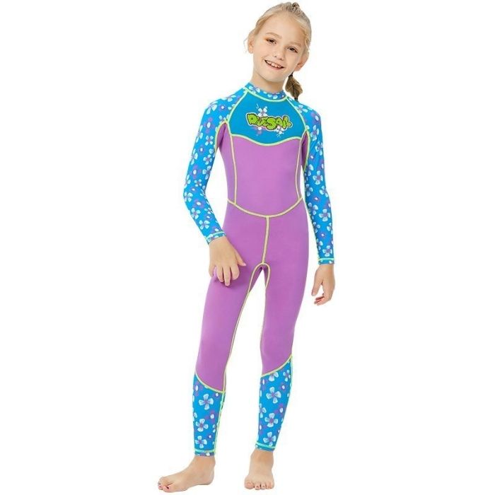 One piece FullLength Kids Swimwear Purple & Blue Floral Print, UPF 50+