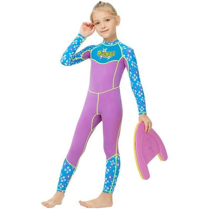 One piece FullLength Kids Swimwear Purple & Blue Floral Print, UPF 50+