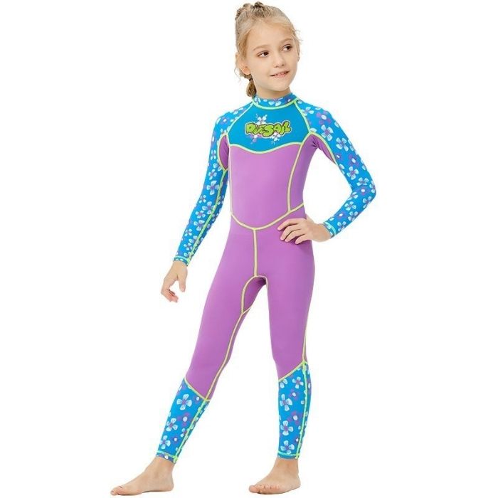 One piece FullLength Kids Swimwear Purple & Blue Floral Print, UPF 50+