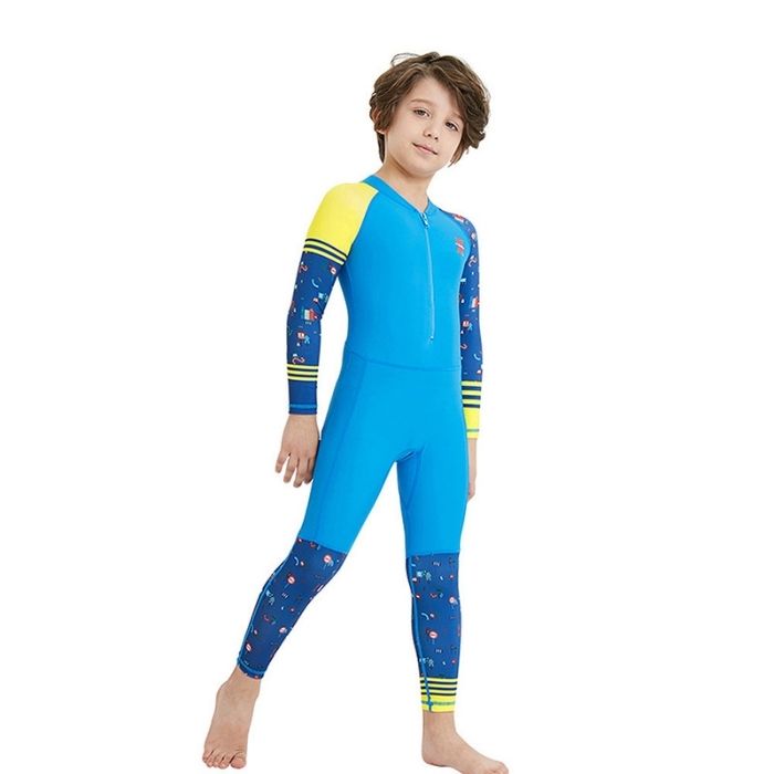 Full Sleeves Kids Swimwear Yellow & Blue Transport theme, UPF 50+ with matching Swim Cap&Free Washbag