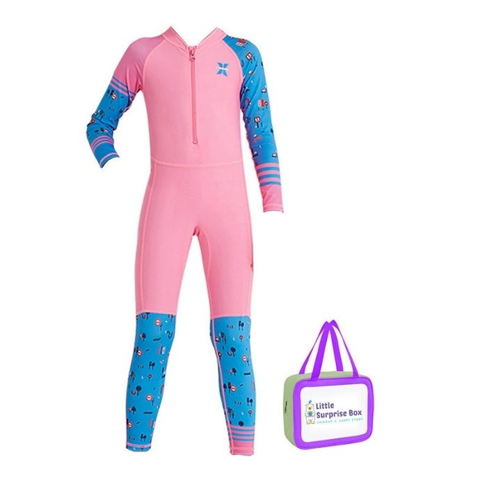 Full Sleeves Kids Swimwear Pink and Blue Transport theme, UPF 50+ with Free Washbag