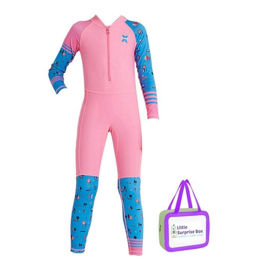 Full Sleeves Kids Swimwear Pink and Blue Transport theme, UPF 50+ with Free Washbag