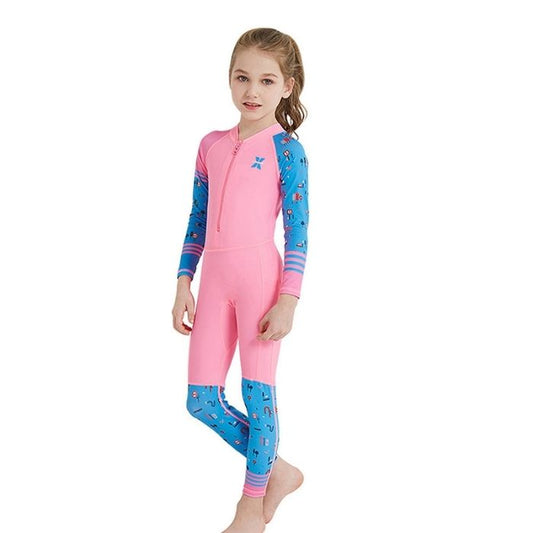 Full Sleeves Kids Swimwear Pink and Blue Transport theme, UPF 50+ with Free Washbag