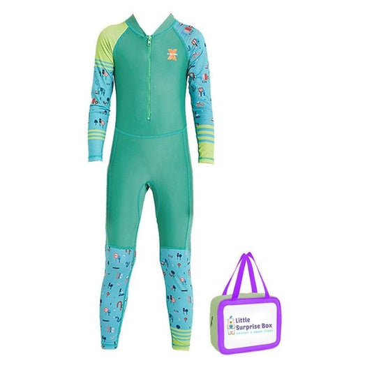 Full Sleeves Kids Swimwear Light Green & Dark Green Transport theme, UPF 50+ with Free Washbag