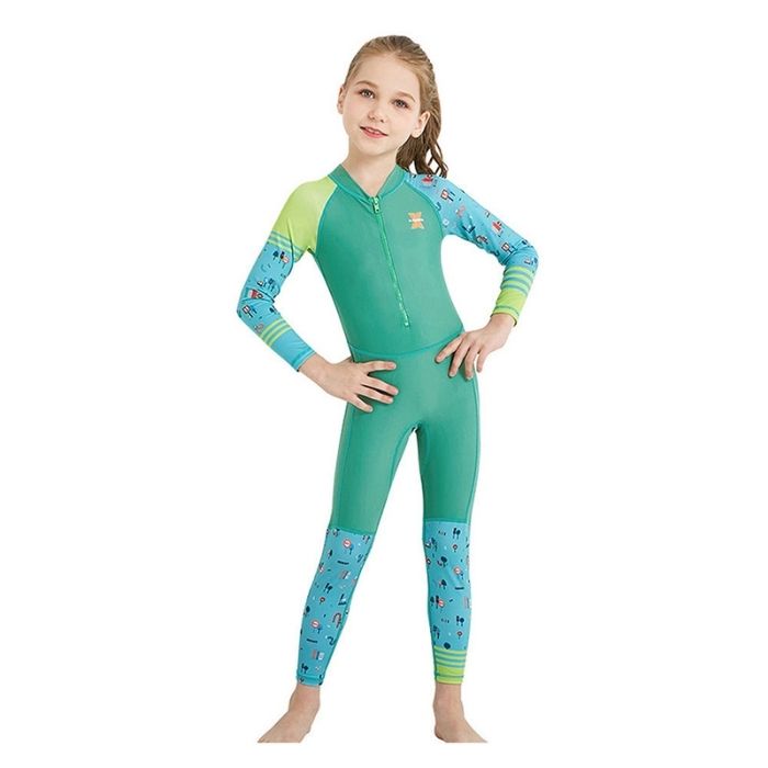 Full Sleeves Kids Swimwear Light Green & Dark Green Transport theme, UPF 50+ with Free Washbag