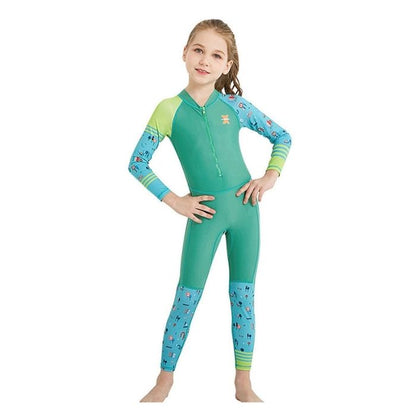 Full Sleeves Kids Swimwear Light Green & Dark Green Transport theme, UPF 50+ with Free Washbag