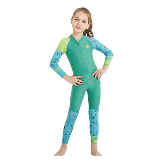 Full Sleeves Kids Swimwear Light Green & Dark Green Transport theme, UPF 50+ with Free Washbag