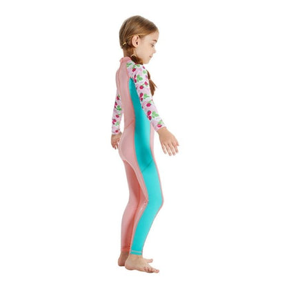Full Length Dive Baby Pink Strawberry Printed Kids Swimwear In Upf 50+ Fabric with Free Washbag