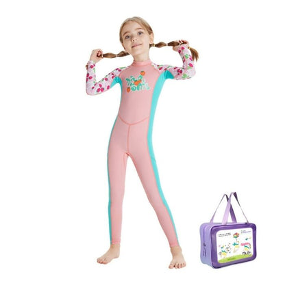 Full Length Dive Baby Pink Strawberry Printed Kids Swimwear In Upf 50+ Fabric with Free Washbag