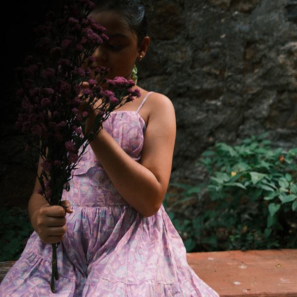 Fool's paradise dress in purple butterfly blockprint