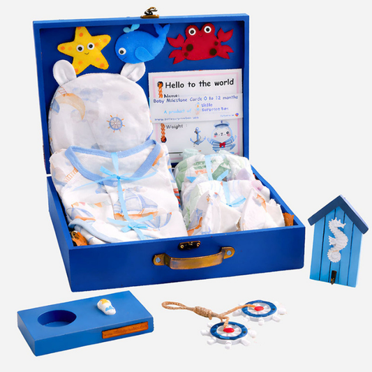 21 pcs Nautical Wooden Treasure Chest Gift hamper for a newborn baby, Giftset for a baby, 0-12 months