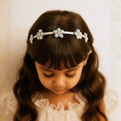 Choko Beaded Floral Hairband with Rustic Floral Beads and Versatile Style for Girls - Denim Blue