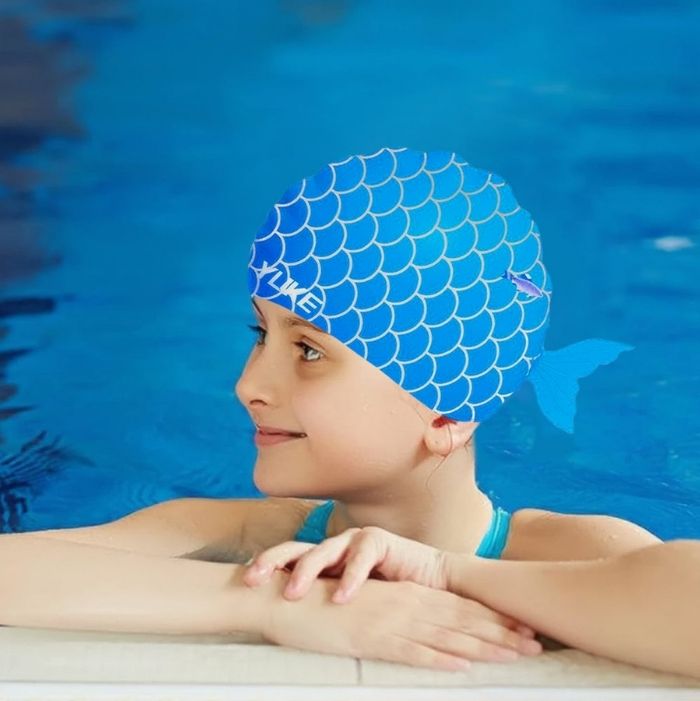 Scales Blue Fishy, Silicone Kids Swim Cap, 5 years -15 years