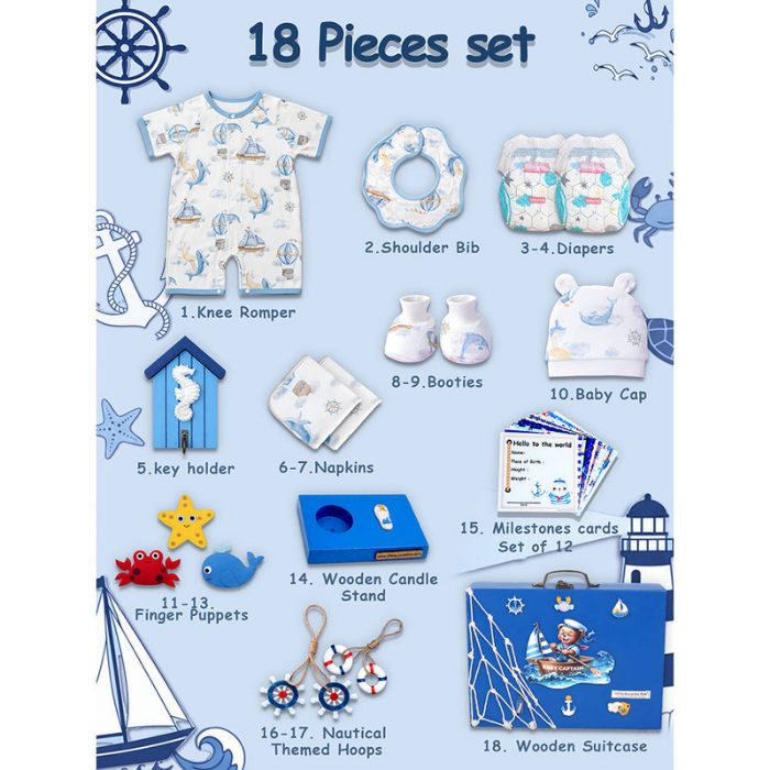 18pcs Nautical Wooden Suitcase Giftbox for a newborn Baby Boy, All season wear Giftset for Baby, 0-6 months