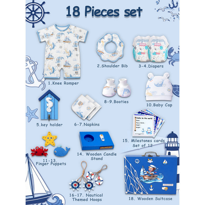 18pcs Nautical Wooden Suitcase Giftbox for a newborn Baby Boy, All season wear Giftset for Baby, 0-6 months