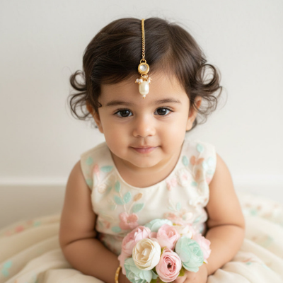 Choko Girls White Round Kundan Large Pearl Drop Maang Tikka
