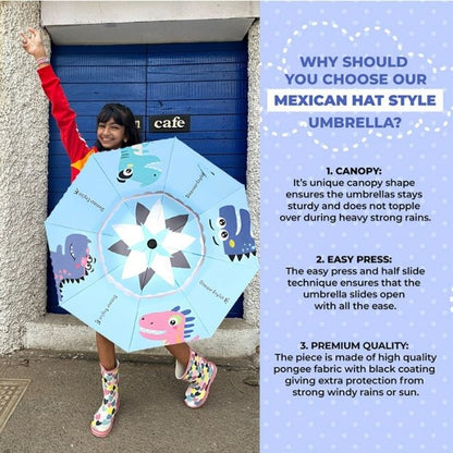 Blue Dino, Unique Mexican Hat Style Kids Umbrella, 5-12 years, Blue