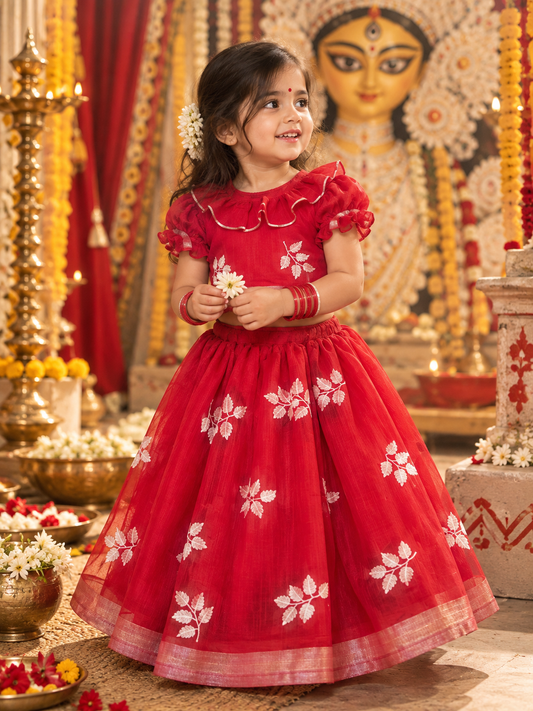 Crimson Leaf Embroidered Cotton Lehenga Set for Girls