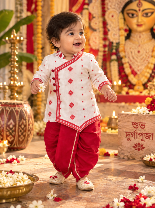 Laal Phool Dhakai Angarakha Kurta Set for Boys
