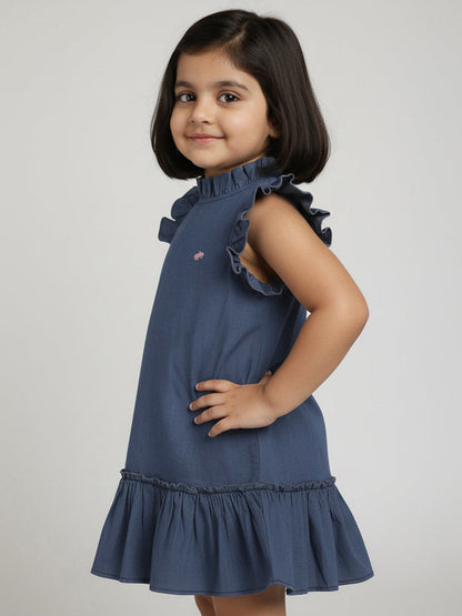 Just Like Denim Frill Sleeves Dress for Girls (Blue)