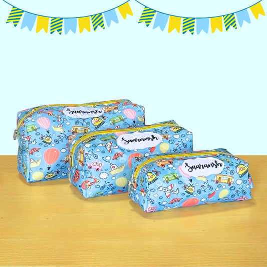 Three blue pencil cases