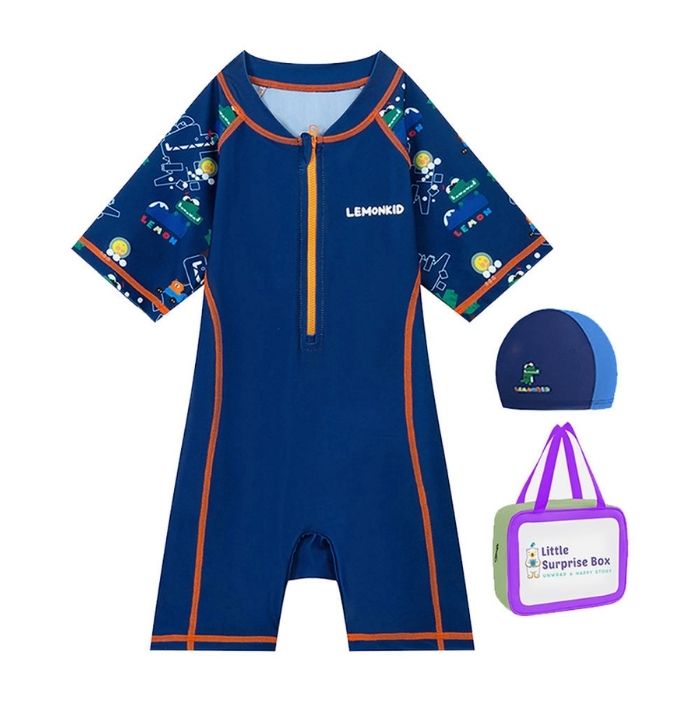 Dark Blue Geometric Alligator Kids Swimwear UPF 50+ with matching Swim Cap & Free Washbag