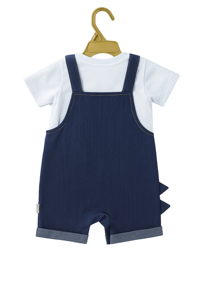 Roar Dino Organic Dungaree & Short Sleeve T-Shirt Set - Blue