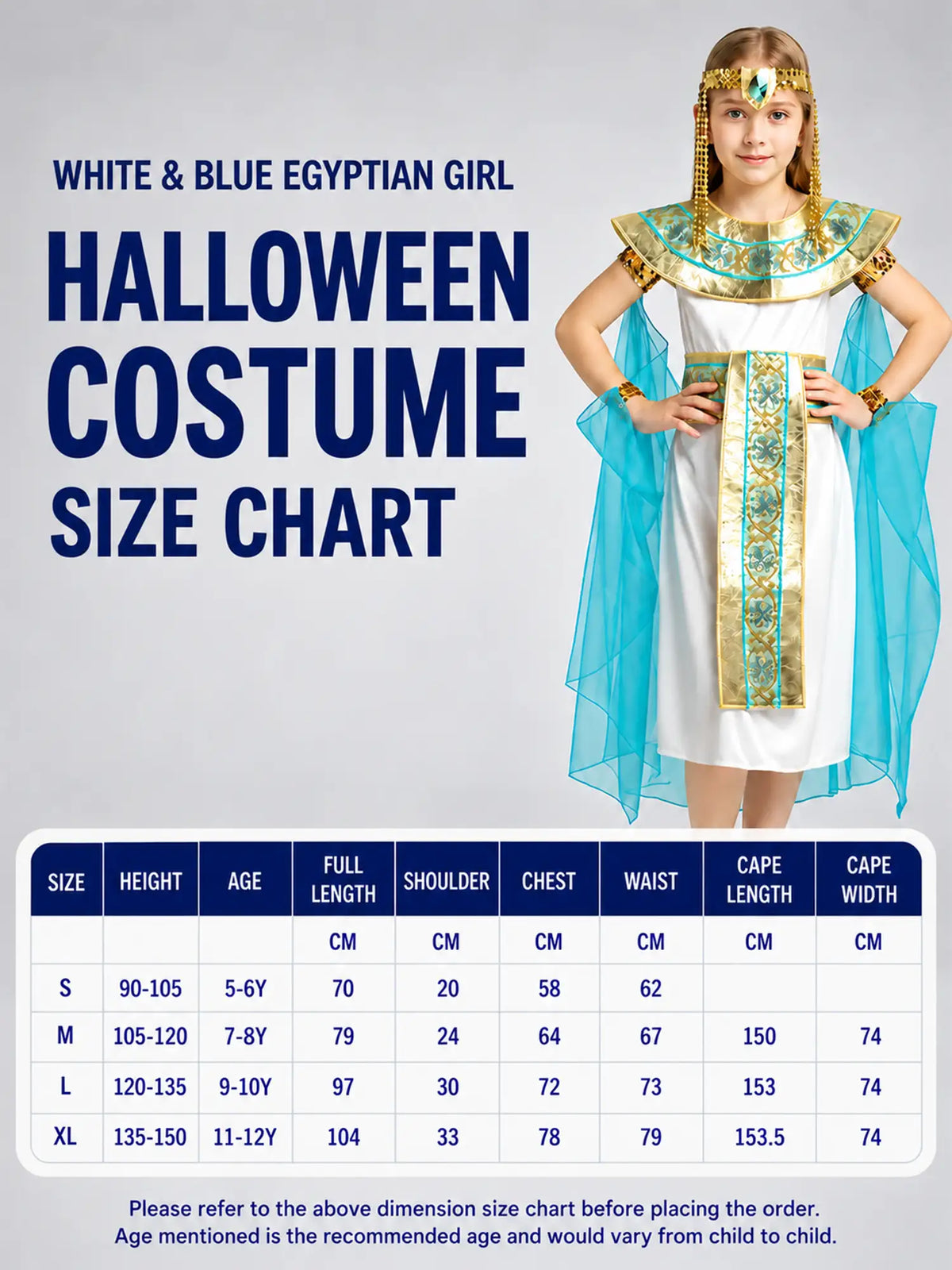 White & Blue Egyptian Girl kids' Halloween costume