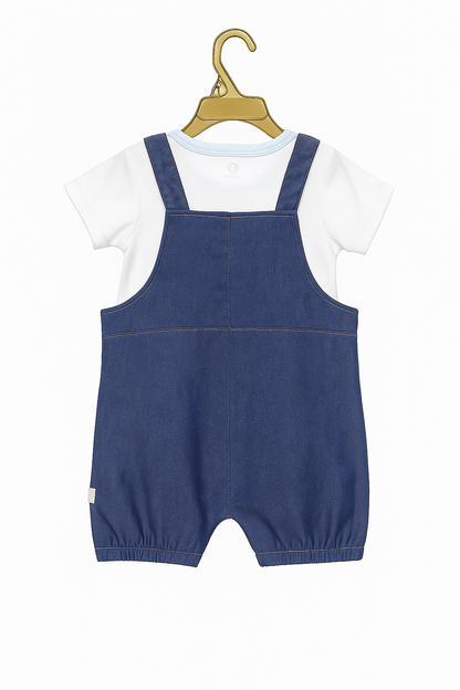 Peek‑A‑Boo Dino Organic Denim Shortall & Tee Dungaree Set