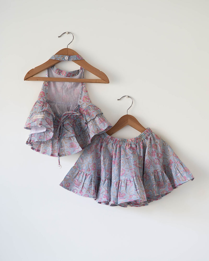 Flutter sky blue butterfly halter top skirt co-ord