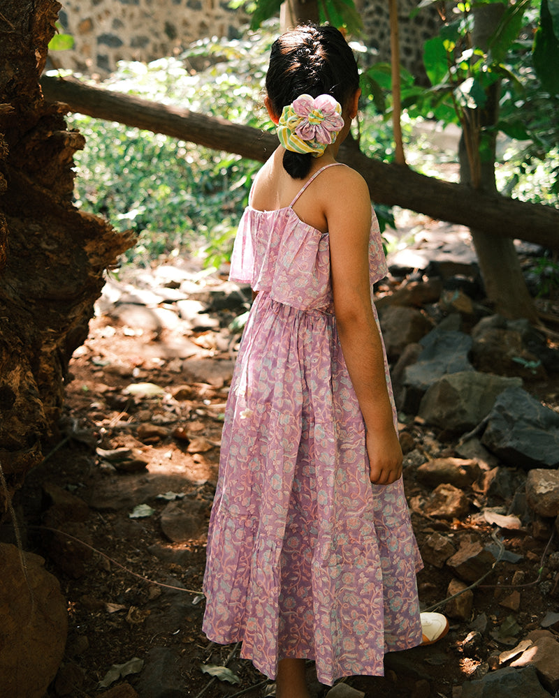 Fool's paradise dress in purple butterfly blockprint