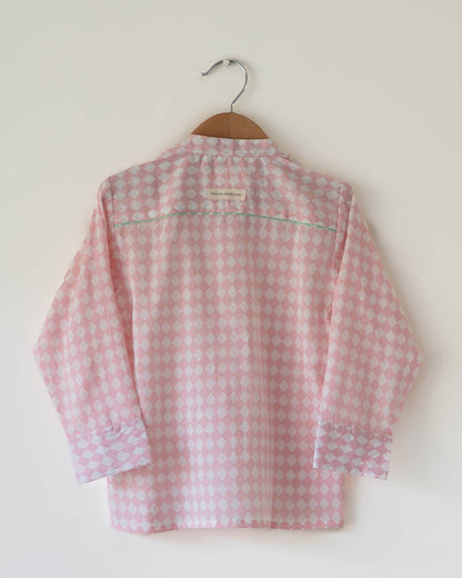 Barefoot boy shirt in blush pink rhombus