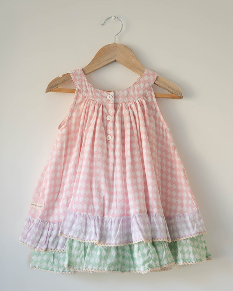 Pocketful of Sunsets dress in rhombus block print