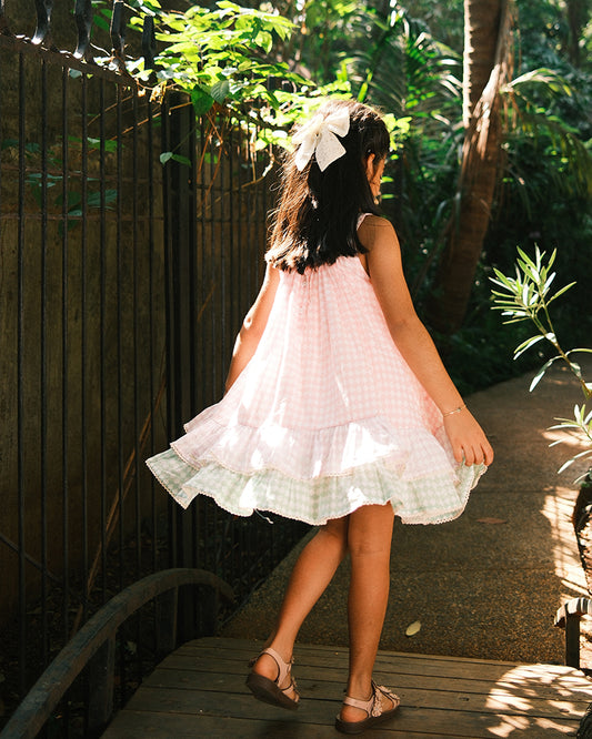 Pocketful of Sunsets dress in rhombus block print