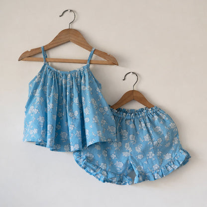 Blossom powder blue spaghetti top shorts set