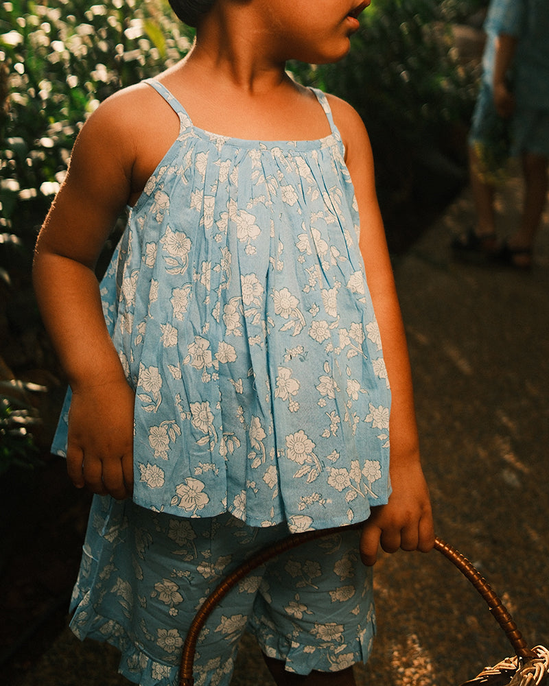 Blossom powder blue spaghetti top shorts set