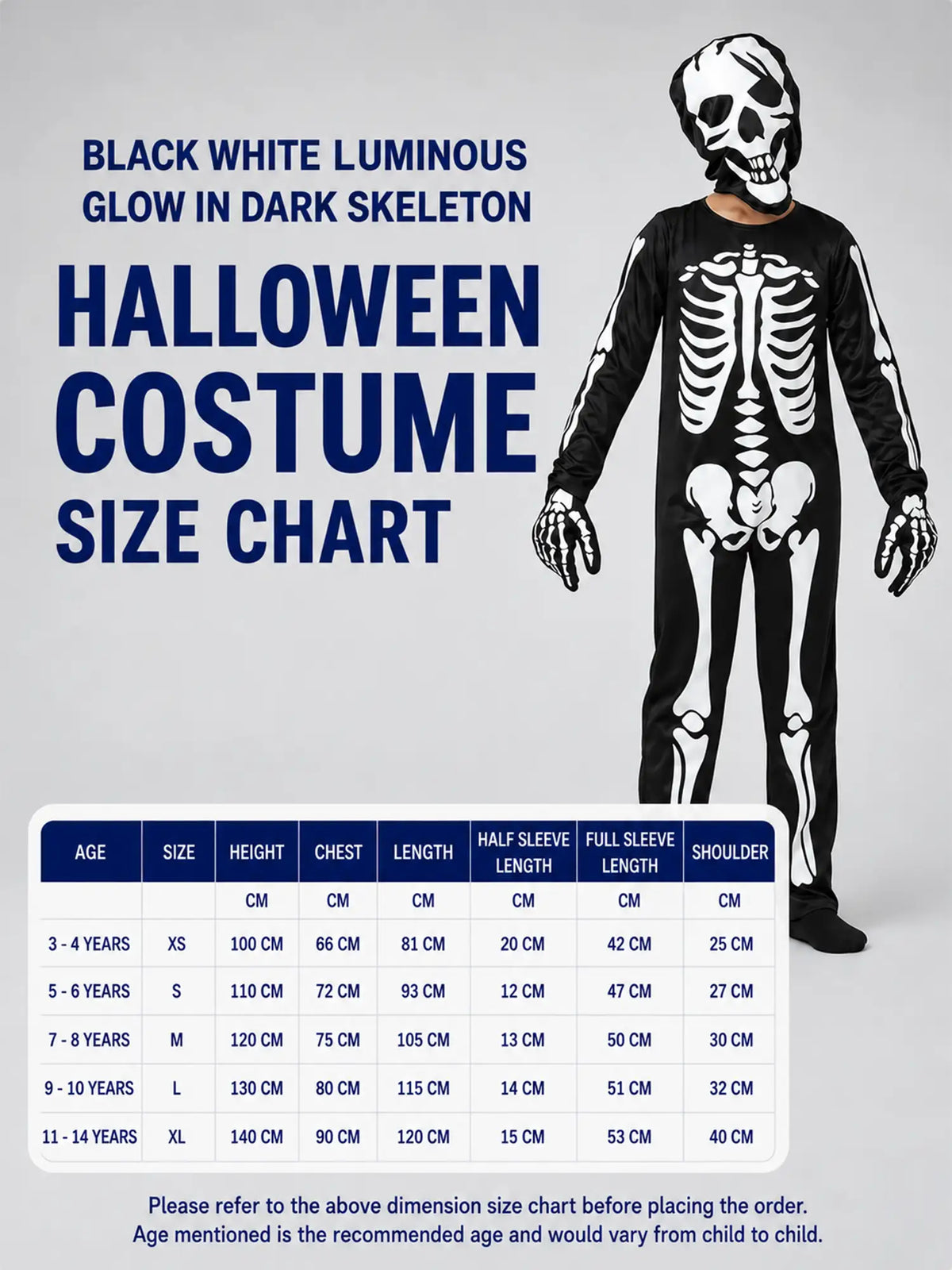 Black White Luminous Glow in Dark Skeleton kids' Halloween costume